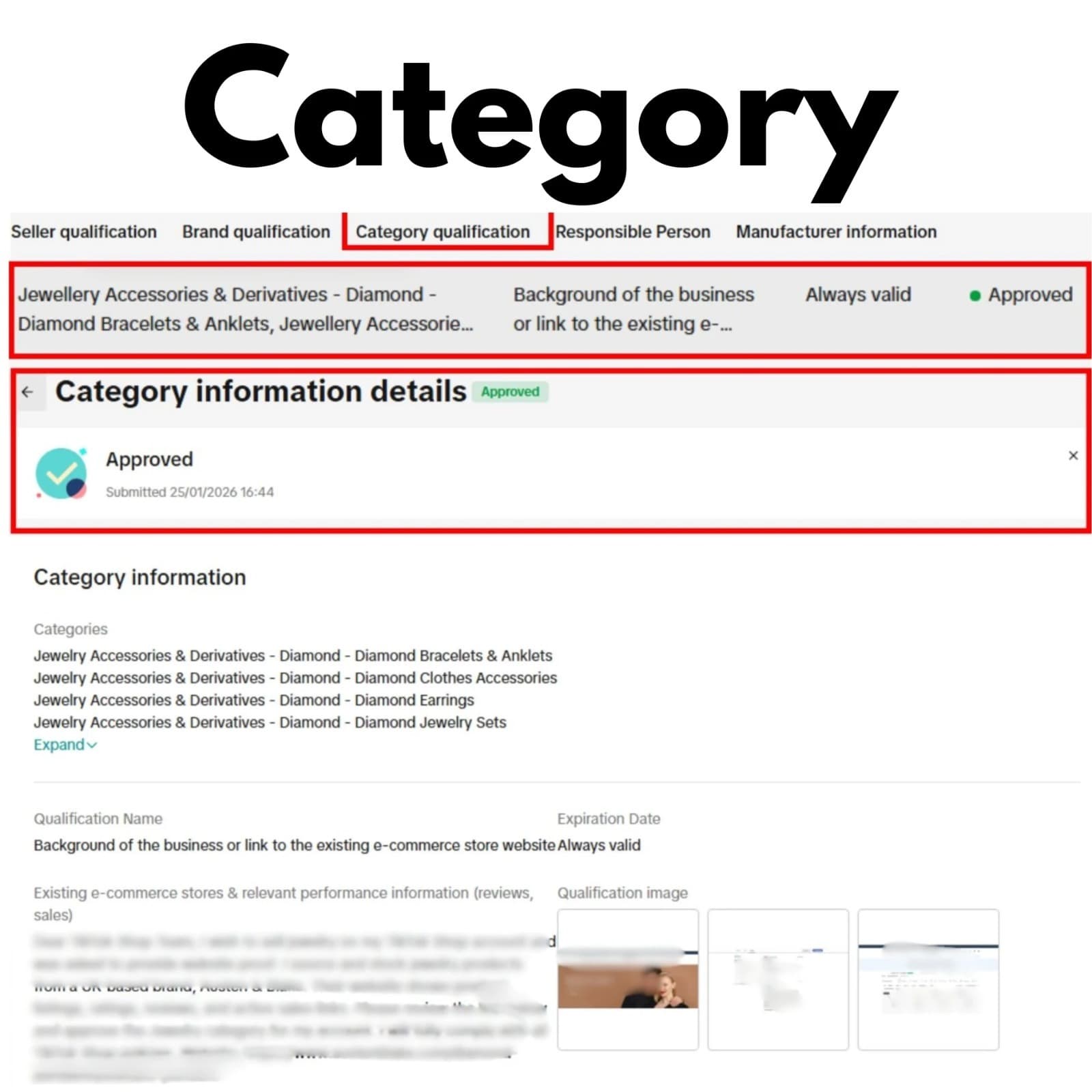 TikTok Shop category approval — diamond jewelry accessories, status approved