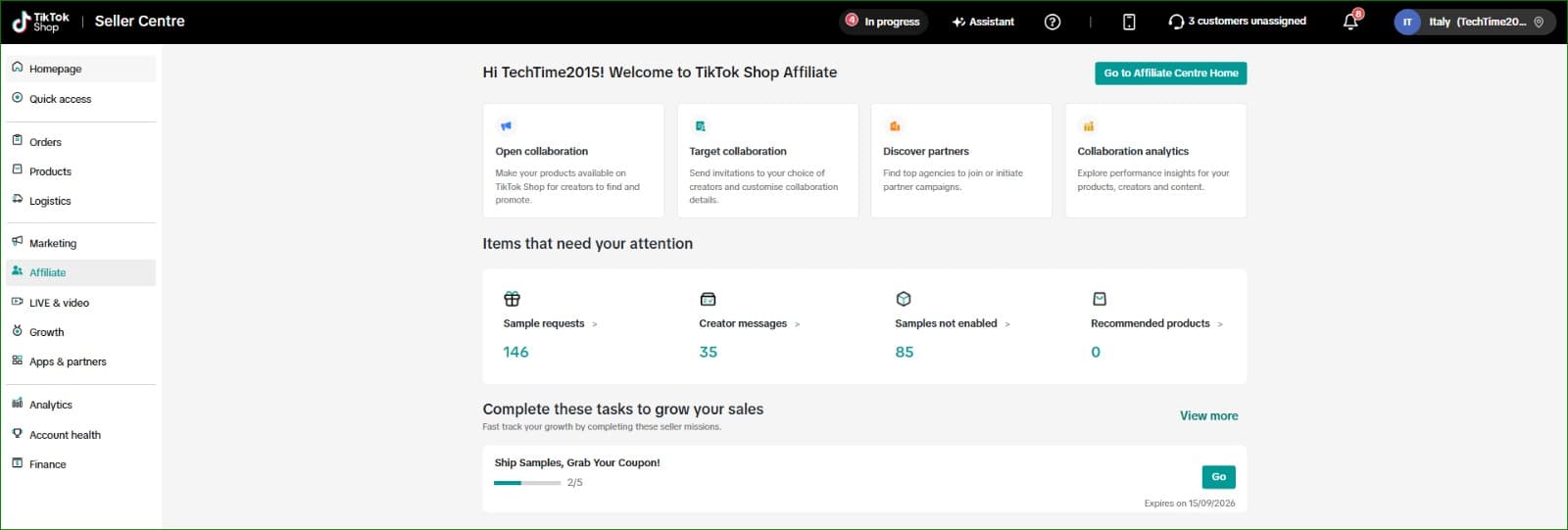 TikTok Shop Affiliate Centre creator dashboard